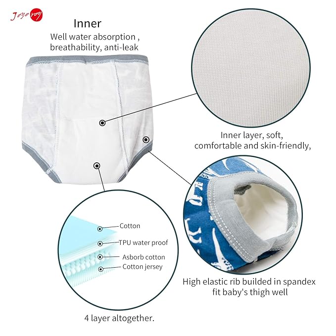 Joyo roy 4Pcs Potty Training Underwear for Boys 100% Cotton Soft Super Absorption Padded Thickness Kid Confident Toilet Training Pants 1T Waterproof Underwear Boys Pee Pants with Potty Sticker Chart