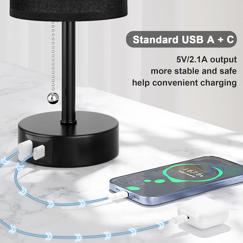 Black Bedside Lamp for Bedroom Nightstand - Small Table Lamp with USB A + C Charging Port, 3 Color Temperatures Pull Chain Night Stand Light with Bulb， Side Table Desk Reading Lamp for Living Room