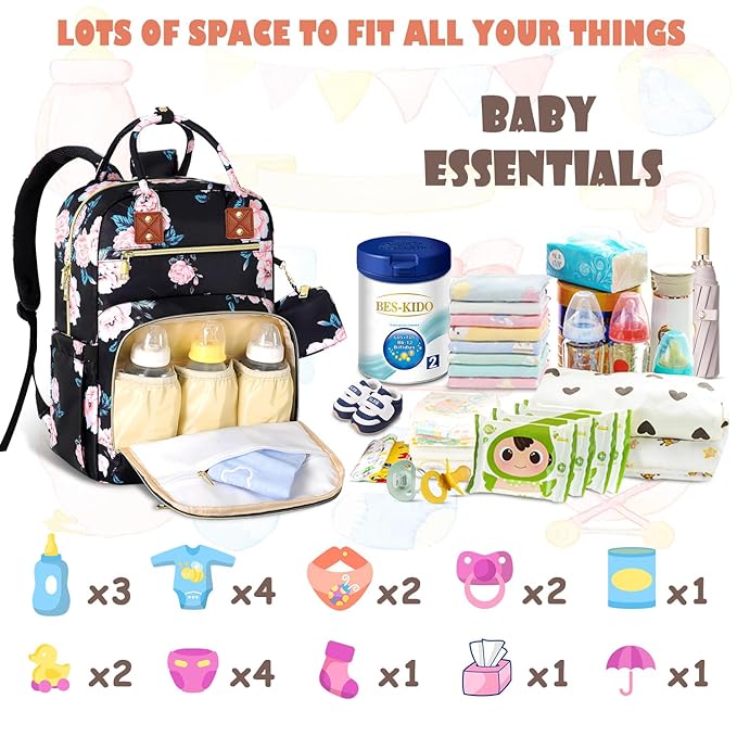 Baby Diaper Bag Backpack, Travel Diaper Bags for Girl Boy Large Capacity Baby Bag Backpack for Women Black Floral