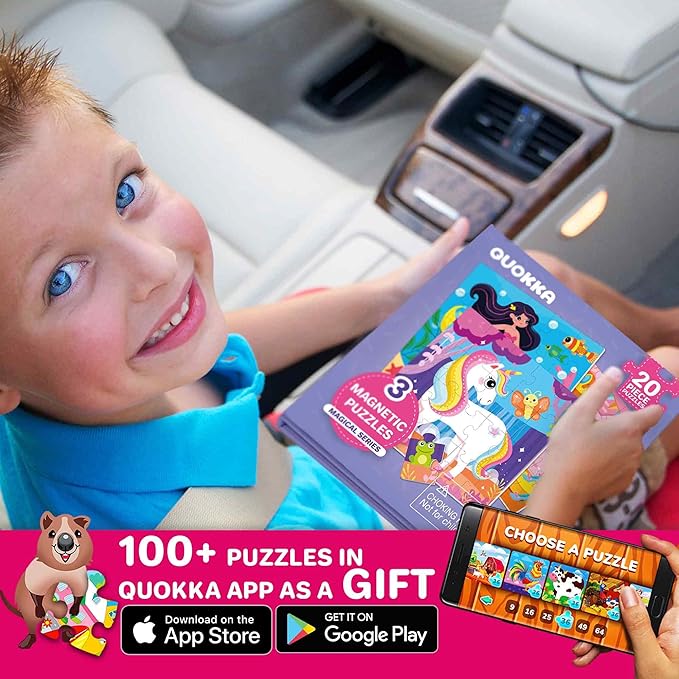 QUOKKA Magnetic Toddler Puzzles Ages 2-4 – 24 Pieces Kids Puzzles Ages 3-5 – Travel Games and Toys for Kids 4-6 Girls – Car Airplane Road Trip Activities with Unicorn, Princesses, Fairies and Mermaids