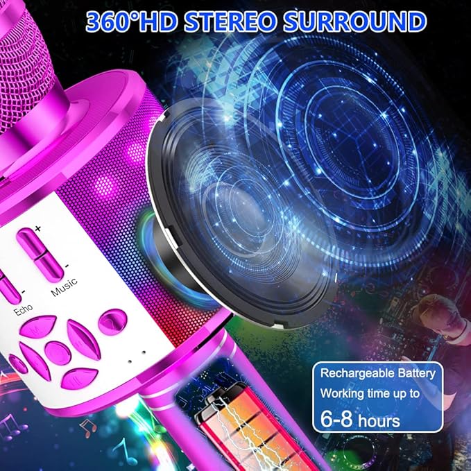Amazmic Kids Karaoke Microphone Machine Toy Bluetooth Microphone Portable Wireless Karaoke Machine Handheld with LED Lights, Gift for Children Adults Birthday Party, Home KTV(Purple)