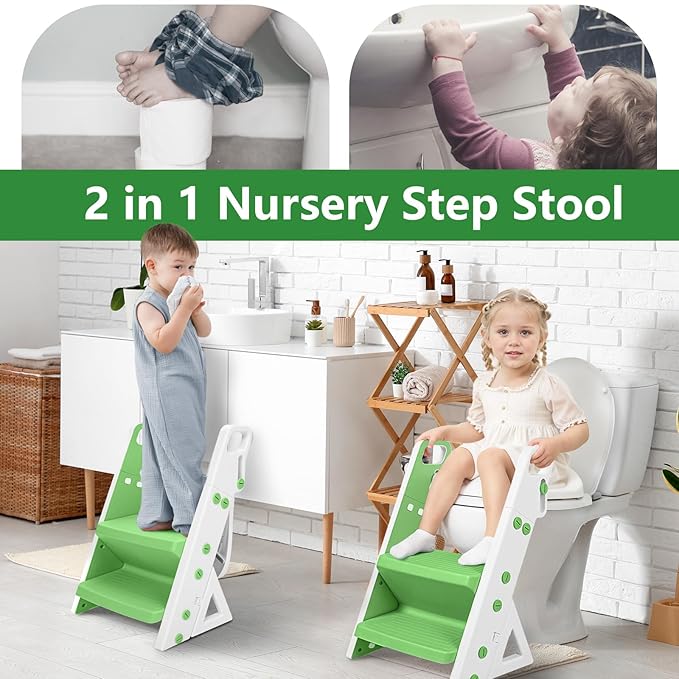 Easy Storage Potty Training Seat with Ladder, Adjustable Step and Toilet Seat Height, Easy-Grip Handles for Climbing, Foldable Portable Toddler Toilet Trainer, Perfect for Small Bathrooms