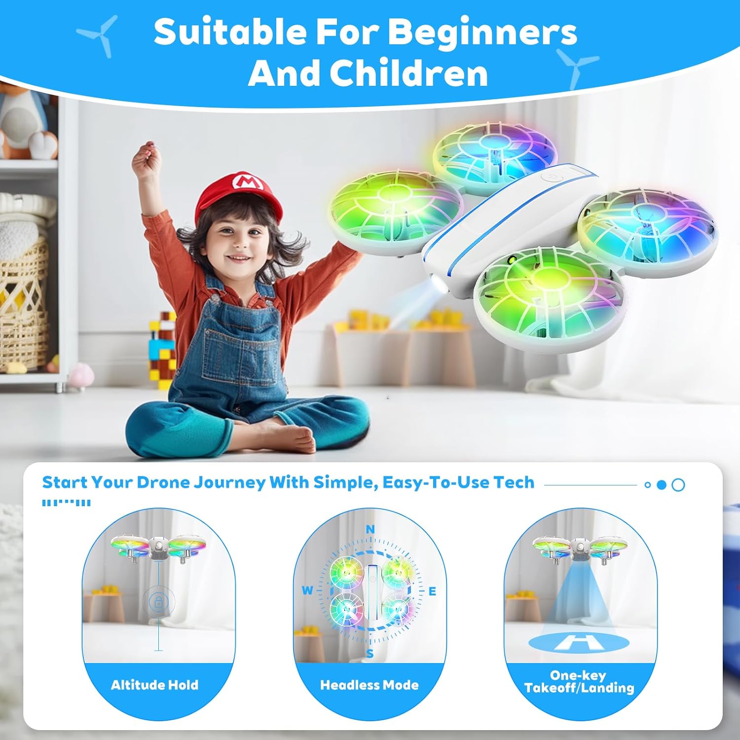 RC Drone for Kids and Beginner, Small RC Quadcopter with Lights and 3D Flip, Altitude Hold, Headless Mode, Propeller Full Protect, Easy to Fly Toys Drone for Kids Boys and Girls Gift (White)