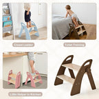 Wooden 2 Step Stool for Kids Bathroom Sink Foldable Anti-Slip 2-Step for Toilet Potty Training, Child Stepping Stool for Kitchen Nursery Bedroom, Sturdy Non Slip Adult Stool for Closet Brown