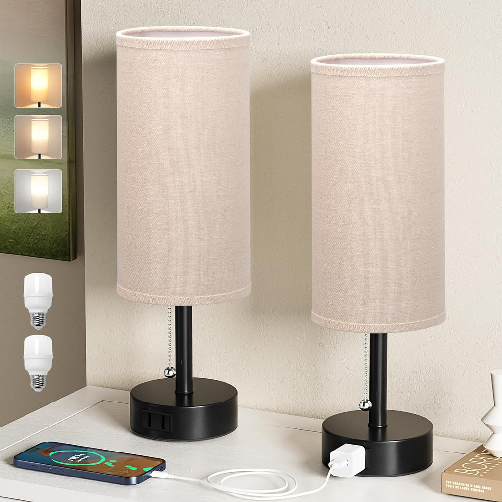 Bedside Table Lamps Set of 2-3 Color Temperatures Pull Chain Lamp with AC Outlet Charging Port, Round Night Stand Lamps for Bedroom Guest Room Office, Small Bed Side Light with E26 LED Bulbs