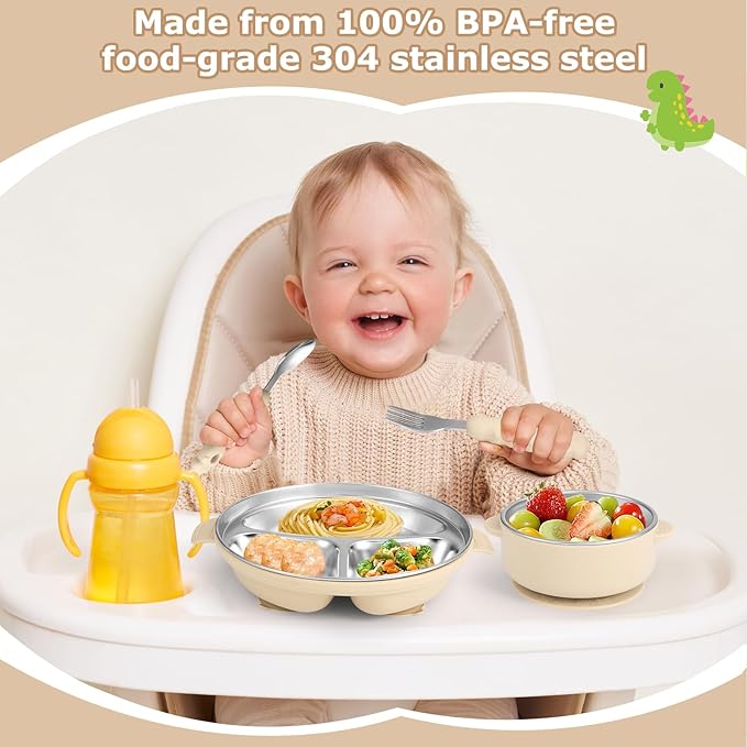 Stainless Steel Baby Plate and Bowl with Suction, Baby Bowl and Divided Kids Toddler Plate with Removable Silicone Shell, Non-Slip Toddler Baby Feeding Set, Forks + Spoons Included-Cream