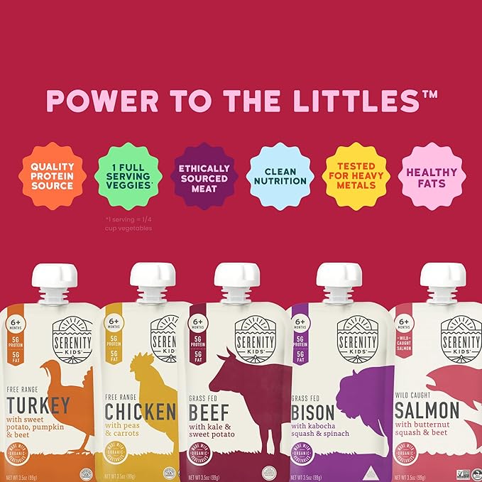 Serenity Kids 6+ Months Ethically Sourced Meat Baby Food Puree Pouches Variety Pack - 18 count (3.5 oz pouches) - No Added Sugar or Sugary Fruits - BPA & Allergen Free Natural Ingredients