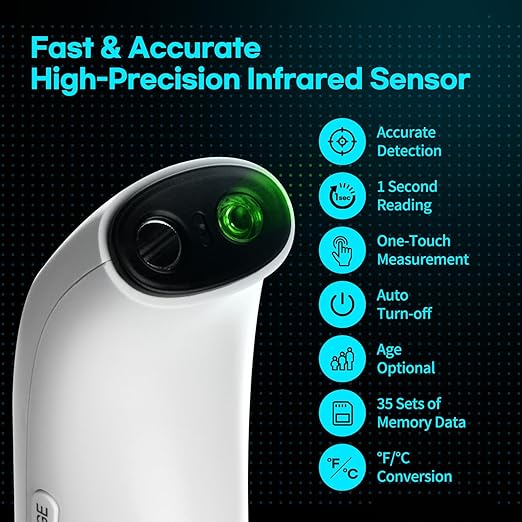 HubiBaby No-Touch Infrared Thermometer for Adults, Accurate Digital Forehead Thermometer, Large LED Display, Fever Alarm, 2 in 1 Forehead & Object Thermometer