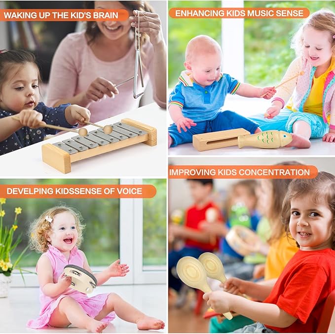 Kids Musical Instruments,100% Natural Wooden Music Percussion Toy Sets, 23 Pcs Tambourine Xylophone Toys for Kids, Girls Boys Preschool Education Early Learning Musical Toys with Bags