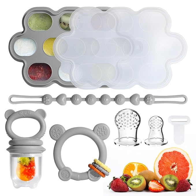 Baby Fruit Food Feeder & Breastmilk Popsicle Molds for Teething Relief, Baby Feeding Sets, 1 Freezer Tray with Lid & 1 Teether Toy & 1 Silicone Teething Pacifier Feeder, Extra Food Pouches (Grey)