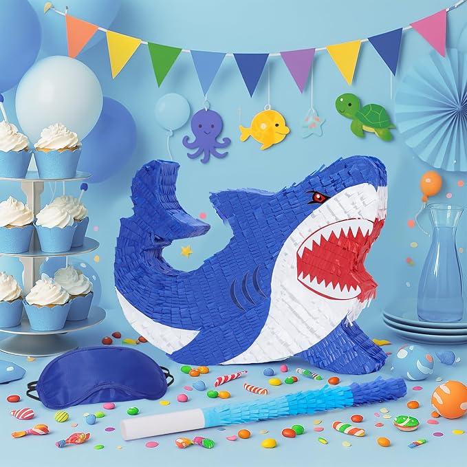 WERNNSAI Shark Piñata - Ocean Shark Birthday Party Decorations Kids Boys Pinata with Blindfold and Bat for Under the Sea Party Supplies Baby Shower Birthday Game Set