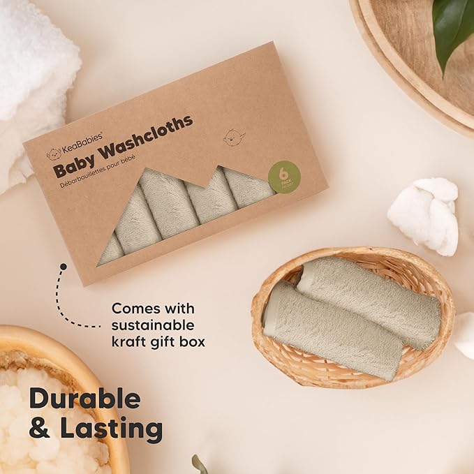 6-Pack Baby Washcloths - Soft Absorbent Viscose from Bamboo Wash Cloths for Babies, Kids, Toddlers, Infant, Newborn Bath Towels, Gentle on Sensitive Skin, 10x10 Reusable Face Towels (Khaki)