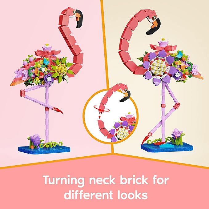 Pink Flamingo Flower Bouquet Building Set, Compatible with Lego Animal Botanical Collection – Creative Flamingo & Flower with Posable Neck and Legs, Home Decor Toy for Adult, Kids, & Flower Lovers