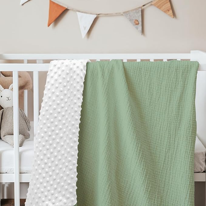 Baby Blankets for Boys Girls, Soft Nursery Minky Blankets with Muslin and Dotted Fleece Back 30x40 inches, Receiving Bed Quilt for Newborn, Infants, Toddlers (Green)