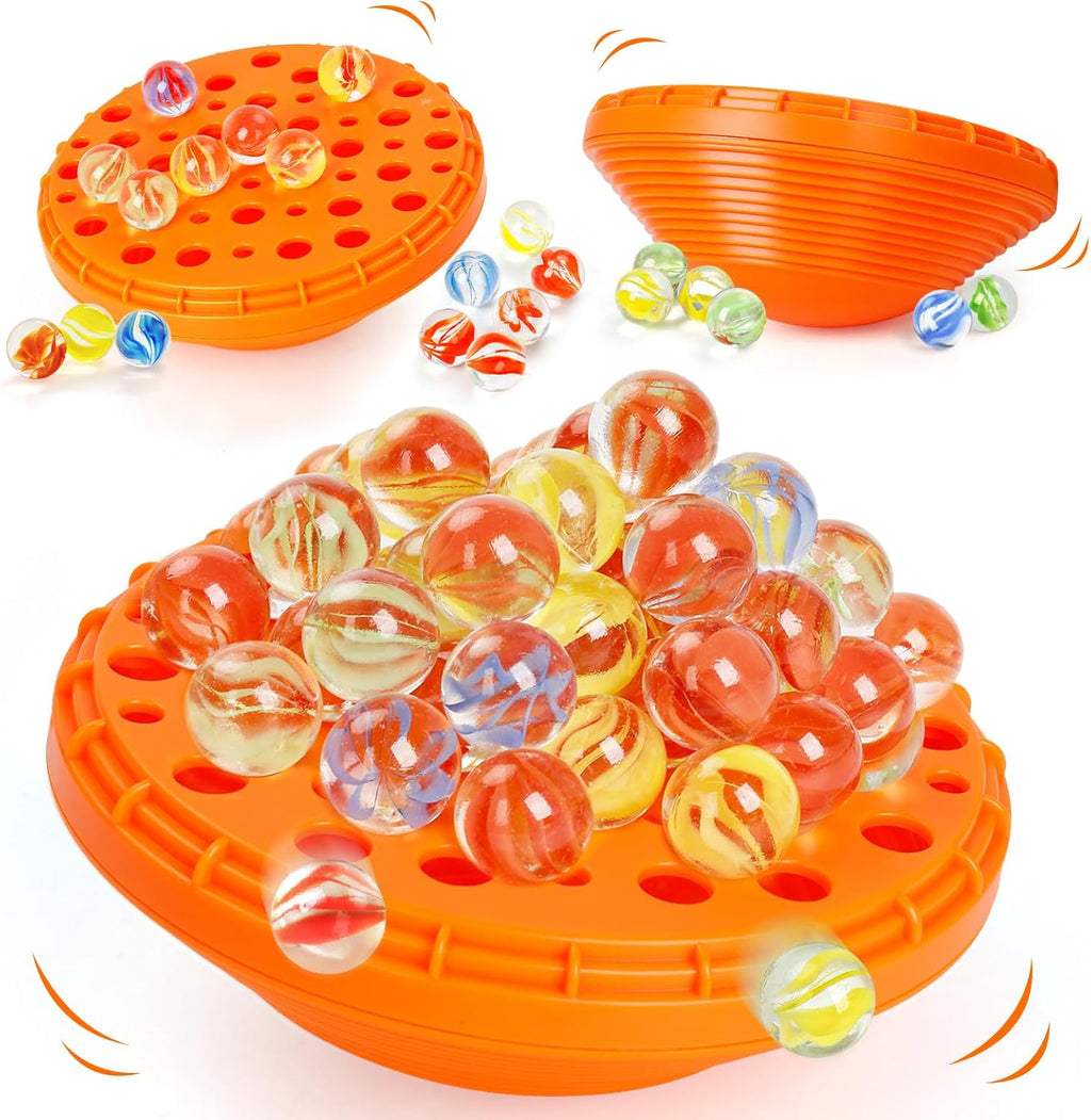 Marble Balance Game - 50 Colorful Marbles with Built-in Storage, Fun Family Challenge for 1-4 Players, Educational Toy for Kids & Adults, Perfect for Parties, Travel & Birthday Gifts (Sunset Orange)