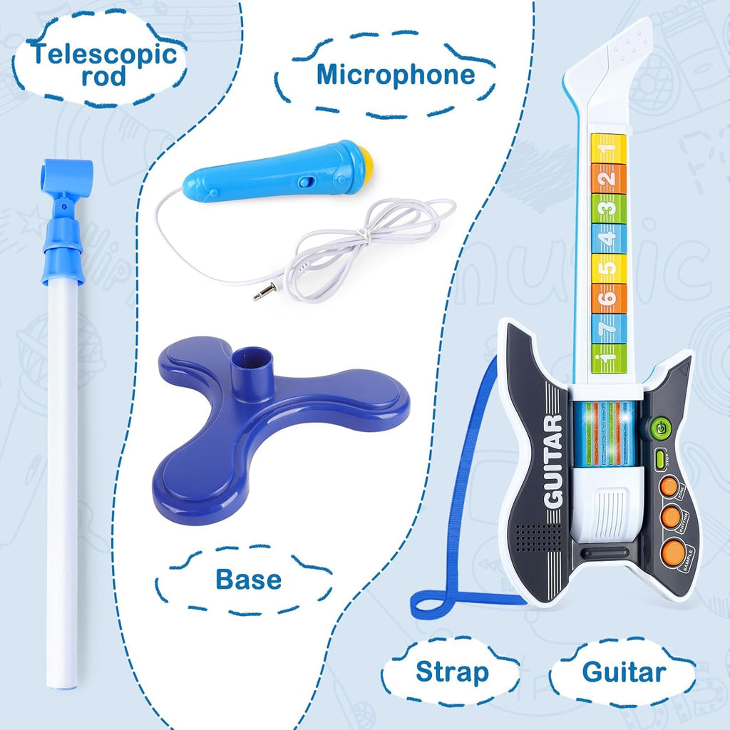 deAO Kids Guitar and Microphone Set with Stand Adjustable Height Music Light Karaoke Music Toys Christmas Birthday Gift for Kids Boys Girls (Black)