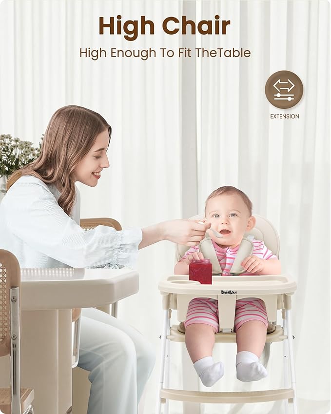 Foldable High Chair, High Chairs for Babies and Toddlers, Dining Chairs and Eating Chair with Adjustable Tray and 5 Point Harness for Infant, Beige