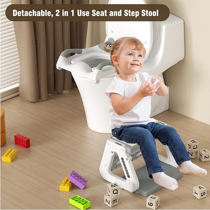 Potty Training Toilet Seat with Step Stool Ladder, Detachable Triangular Stabilized Base 2-IN-1 Toddler Toilet Seat with Splash Guard, Anti-Slip Pad, and Step Stool (Elegant Grey)