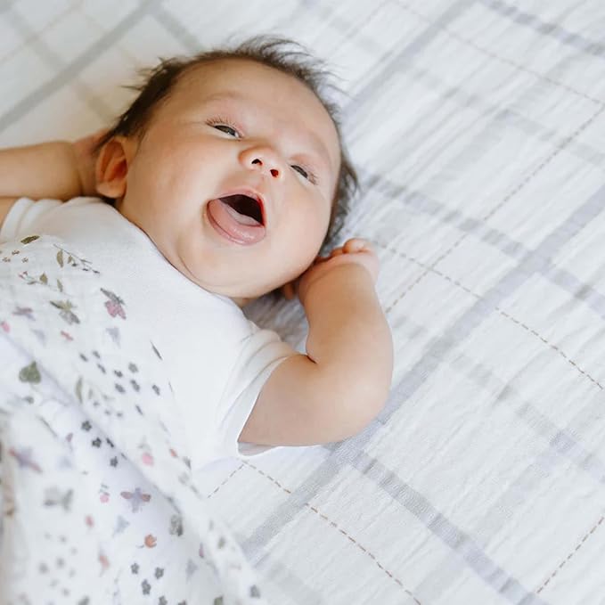 Little Unicorn Premium Crib Sheet | Breathable & Super-Soft Muslin Fabric (Grey Plaid)