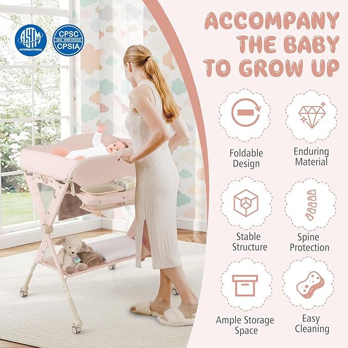 BABY JOY Portable Baby Changing Table, Foldable Diaper Changing Station w/Wheels, Adjustable Height, Large Storage Rack, Water Basin, Safety Belt, Mobile Nursery Organizer for Newborn Infant (Pink)