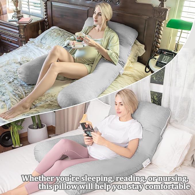 Chilling Home Pregnancy Pillow, 55in Pregnancy Pillows for Sleeping, U Shape Body Pillows for Adults, Maternity Pillow for Pregnant Women, with Grey Jersey Cotton Removable Cover