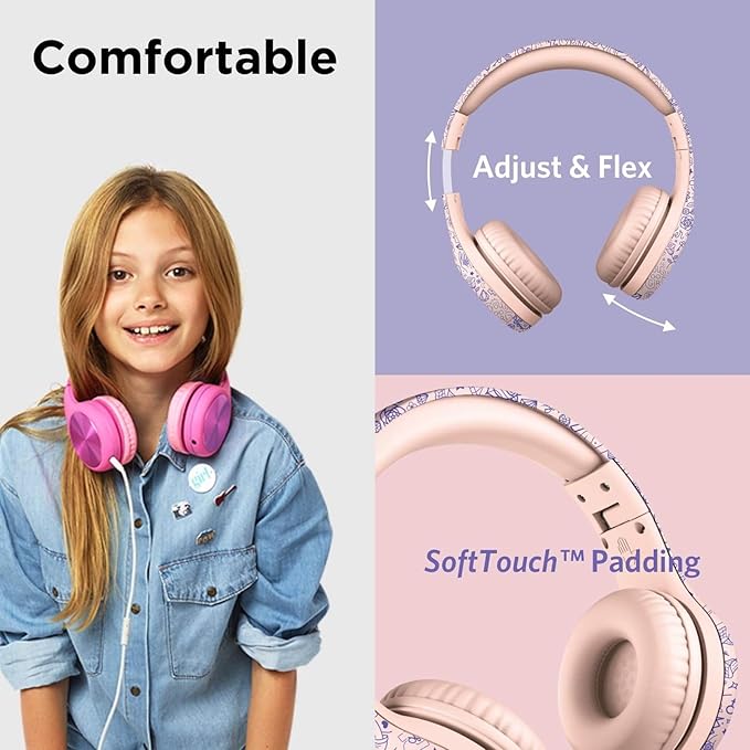 LilGadgets Connect+ Pro Wired Kids Headphones for School w/Microphone, Volume & Noise Reduction Over-Ear Headset w/Cord, SharePort Technology & SoftTouch Padding, Girl Power - Headphones for Kids