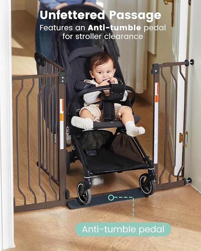 Mom's Choice-GROWNSY Baby Gate for Stairs, 30.5"-48.4" Pressure Mounted Baby Gate for Top of Stair&Doorway with V-Shaped Rods, Anti-Trip Pedal,Wide Stairs Dog Gate Easy Install w/Red Reminder,Brown