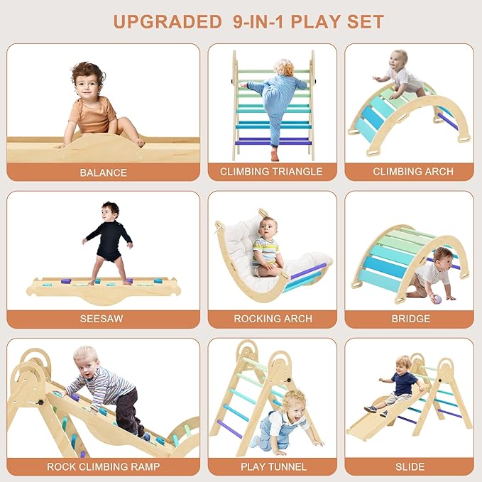 Pikler Triangle Set with Cushion, Montessori Climbing Set, Indoor Climb Toys, Indoor Playground Jungle Gyms, 9 Combinations Climbing Toy Set for Toddler, Baby, Kids 1-4