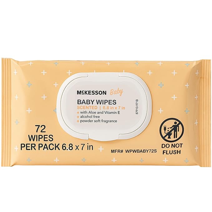McKesson Baby Wipes, Baby Powder Scent (1 Pack, 72 Wipes) - Aloe & Vitamin E, 99% Water, Flip-Top Lid, Wipes for Sensitive Skin & Diaper Rash, 6.8 in x 7 in, 72 per pack