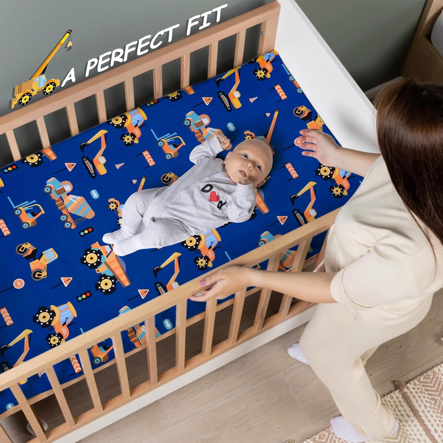 UOMNY Crib Sheet 52x28 Baby Sheet for Boys Breathable Fitted Crib Sheet for Standard Crib and Toddler Mattress Toddler Sheet Engineering Vehicle Blue