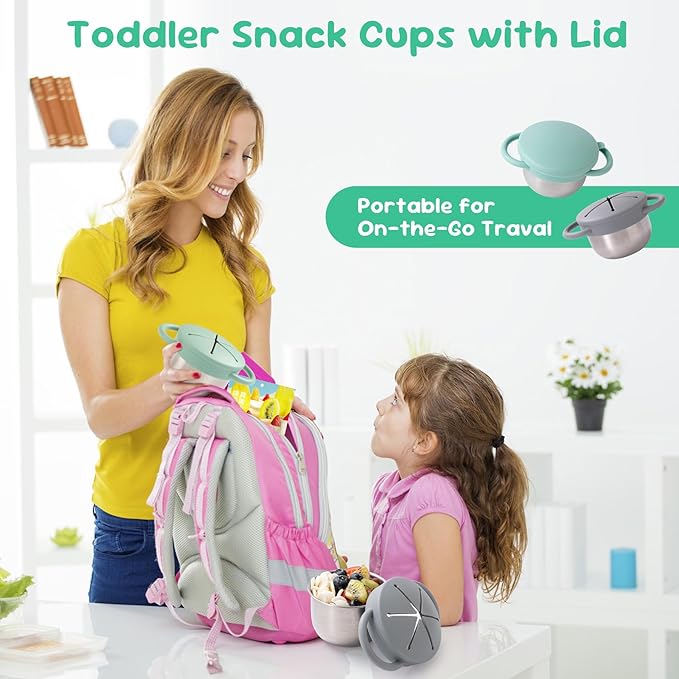 1 Pack Snack Containers for Toddlers, Stainless Steel Toddler Snack Cups with Silicone Food Catcher & Lids,Snack Cups for toddlers Spill Proof