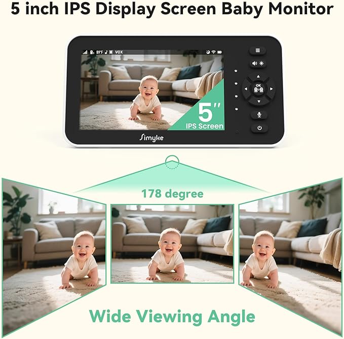 Video Baby Monitor with Camera and Audio,5'' Screen,720P,No Wifi or Free App Mode,Pan-Tilt-Zoom,Lullabies,Feeding Remind,Night Vision,VOX/ECO,2-Way Talk,1500ft Long Range,Easy Setup,30H Battery