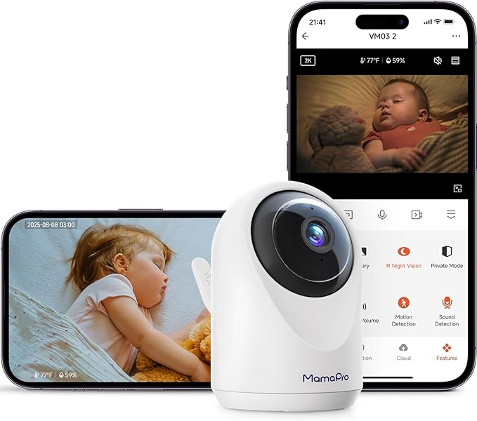 Baby Monitor with Camera and Audio - 2K Color Night Vision, WiFi Video Baby Monitor - 355° Pan/70°Tilt, AI Motion/Cry/Temp/Humidity Alerts, 2-Way Audio, App for 20 Users, 8 Lullabies