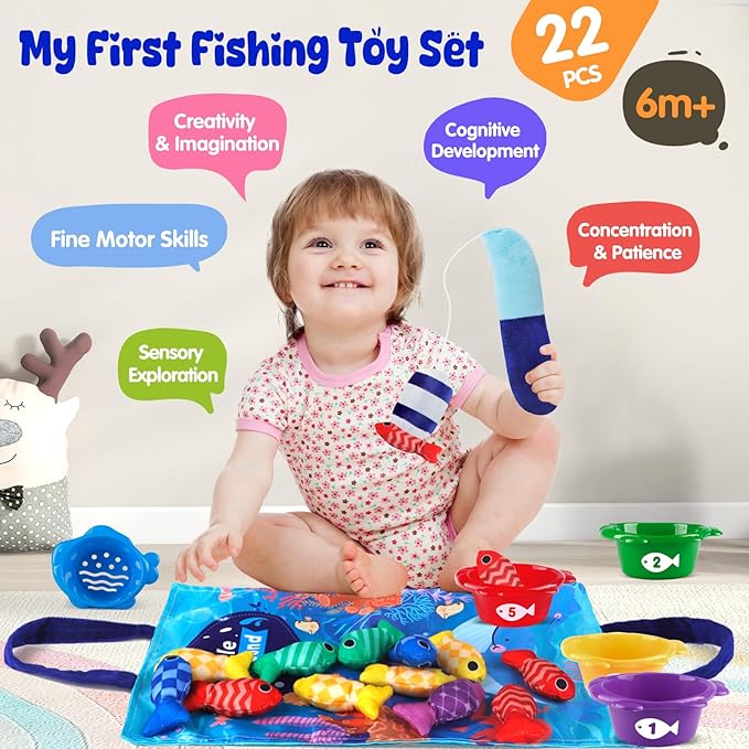 Montessori Fishing Game for Toddlers 1-3, Cloth Fishing Toys for Toddlers with Stacking Cups Educational Learning Toys - Number Counting, Color Sorting, Baby Sensory Toy for 6-12 Months, Baby Gifts