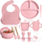 Bluet B- Silicone Baby Feeding Set With Pacifier - Led Weaning Supplies - Spoons, Suction Bowl, Plate - Utensils for First Foods - 11pcs - Pink