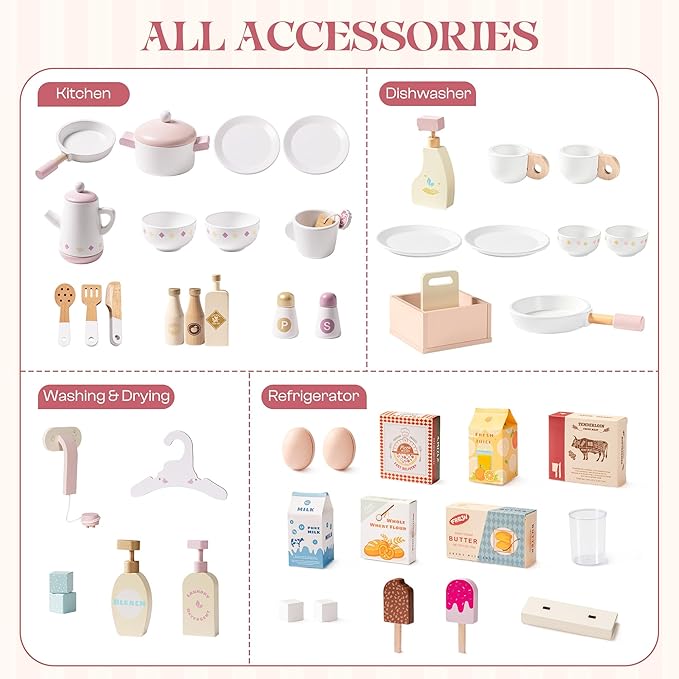 ROBOTIME Wooden Kids Play Kitchen – 4-in-1 Toddler Play Kitchen Set with Fridge, Washer & Dishwasher – Wooden Corner Cooking Playset for Boys & Girls Ages 3+