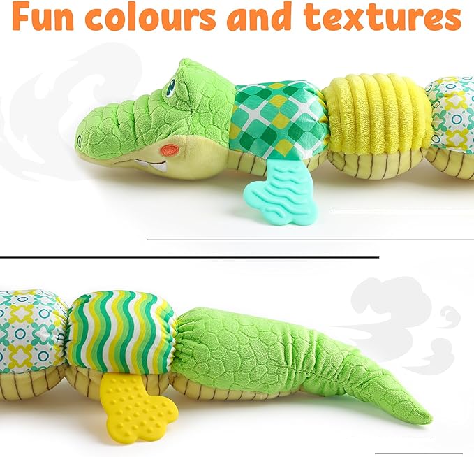 LIGHTDESIRE Baby Crocodile Musical Stuffed Animal, Infant Teething Toys with Ruler Design and Ring Bell, Suitable for Tummy Time, Newborn Boys & Girls 0-12 Months (Green)