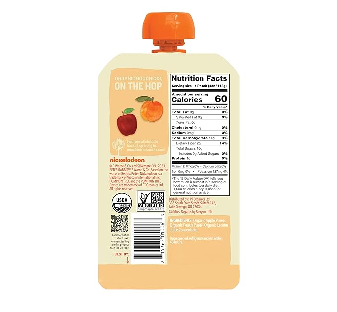 Pumpkin Tree Peter Rabbit Organics Apple and Peach, Fruit Snack Squeeze Pouch, 4 Ounce (Pack of 10)