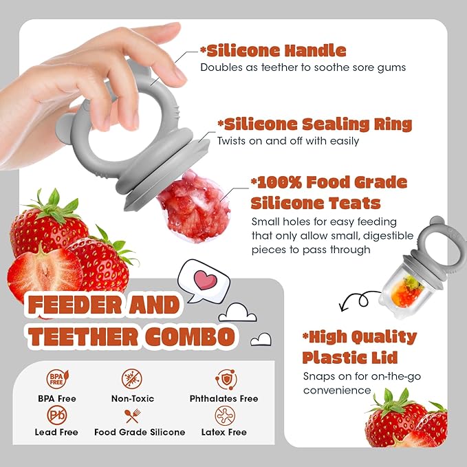 Baby Fruit Food Feeder & Breastmilk Popsicle Molds for Teething Relief, Baby Feeding Sets, 1 Freezer Tray with Lid & 1 Teether Toy & 1 Silicone Teething Pacifier Feeder, Extra Food Pouches (Grey)