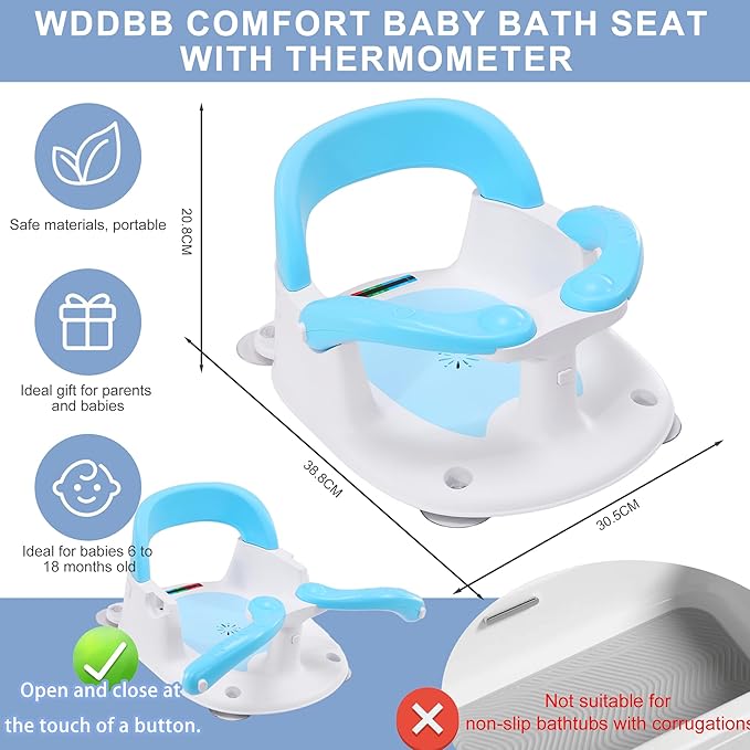 Baby Bath seat for Babies 6 Months & up, 360° Stable Toddler Bath Chair with one-Touch Button, Back Hollow Design, Water Temperature Card & 4 Suction Cups for Safety (Blue)