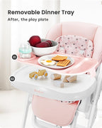 Foldable High Chair with Soft Cushion, High Chairs for Babies and Toddlers, Height Adjustable Feeding Chair, Adjustable Backrest and Footrest, Lockable Wheels, Star Pink