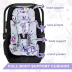 Infant Car Seat Insert and Strap Covers, Very Soft Car Seat Head Support Baby Girl Boy, Reversible Newborn Carseat Insert Cushion Fits for Stroller, Baby Swing, Bouncer (Purple Floral)