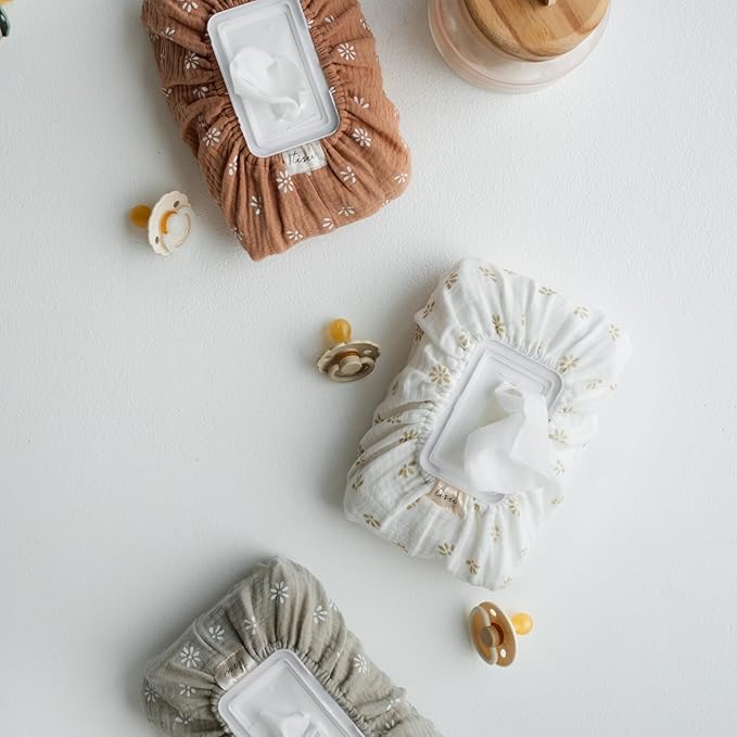 Baby Wipes Cover – Universal Size, One Size Fits All Wipes Packages | Muslin Cotton Tissue Cover for Nursery, Diaper Bag & Changing Table, Station | Gingham & Neutral Patterns (Caramel Daisy)