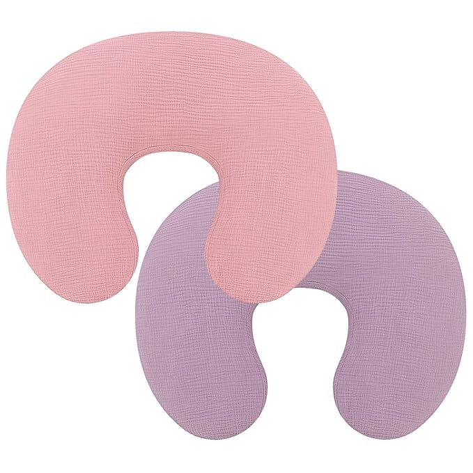 Pro Goleem Muslin Nursing Pillow Cover, 100% Cotton Soft Breathable Feeding Pillow Slipcover for Breastfeeding Moms, Fits Standard Infant Nursing Pillow, for Boys and Girls, 2 Pack (Pink＆Purple)