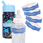 InchBug Orbit Labels Baby Bottle and Water Bottle Silicone Name Bands – Personalized Reusable Label Set for Daycare, Sippy Cups, Preschool, Elementary School, Dishwasher Safe, 4-Pack (Lullaby Blue)