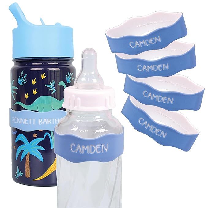InchBug Orbit Labels Baby Bottle and Water Bottle Silicone Name Bands – Personalized Reusable Label Set for Daycare, Sippy Cups, Preschool, Elementary School, Dishwasher Safe, 4-Pack (Lullaby Blue)