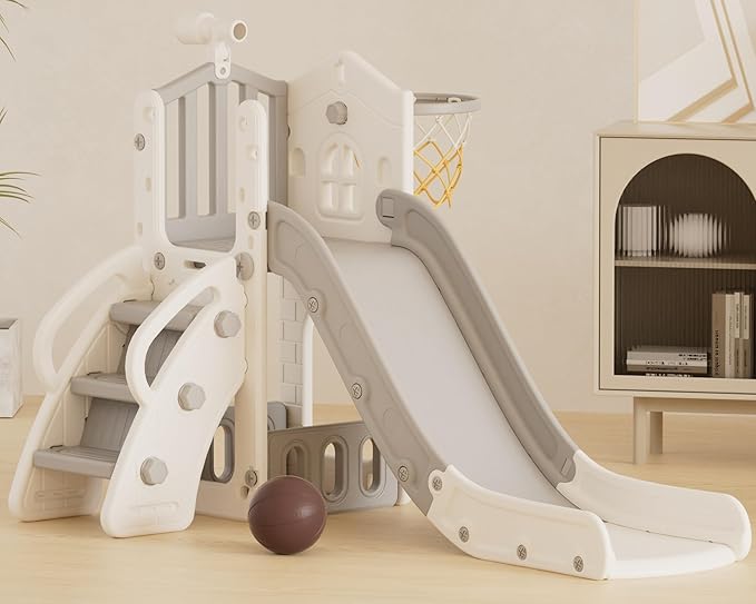 XJD 5 in 1 Toddler Slide, Kids Slide for Toddlers Age 1-3, Outdoor Indoor Playset for Toddlers with Basketball Hoop and Ball, Storage Space and Non-Slip Steps Telescope (Gley)