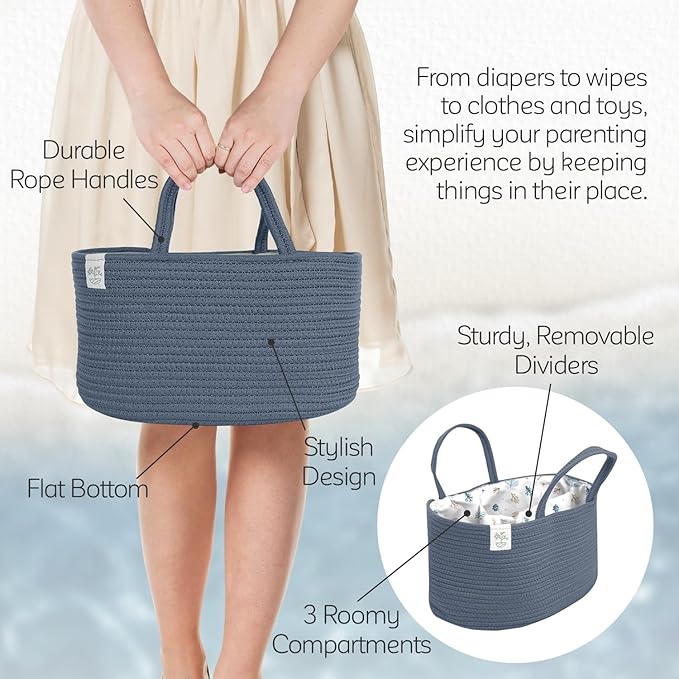 KiddyCare Diaper Caddy Organizer for Baby Nursery Basket with Handle Lid | Nursing bag with Changing Table Organizer Cart | Newborn Caddy | Blue PTRN X-Large