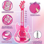Kids Guitar and Microphone Set, Microphone with Stand and Color Light, Toy Guitar with Strap and Adjustable Volume, Toddler Musical Instrument for 5-9, Kids Karaoke Machine for Boy Girls (Pink)