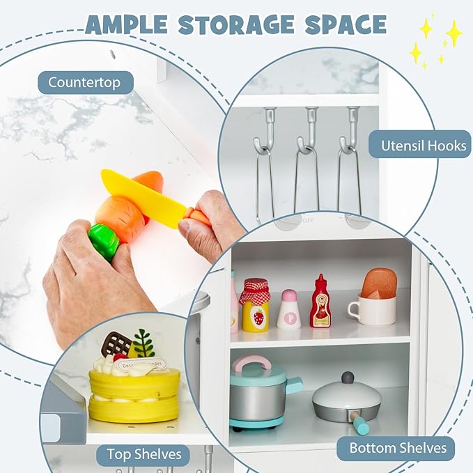 Costzon Kids Kitchen Playset, Pretend Cooking Toys w/Washing Basin, Real Lights & Sounds, Microwave, Oven, Blackboard, Ice Maker, Range Hood, Stoves, 2-PieceCorner Wooden Play Kitchen for Kids 3+